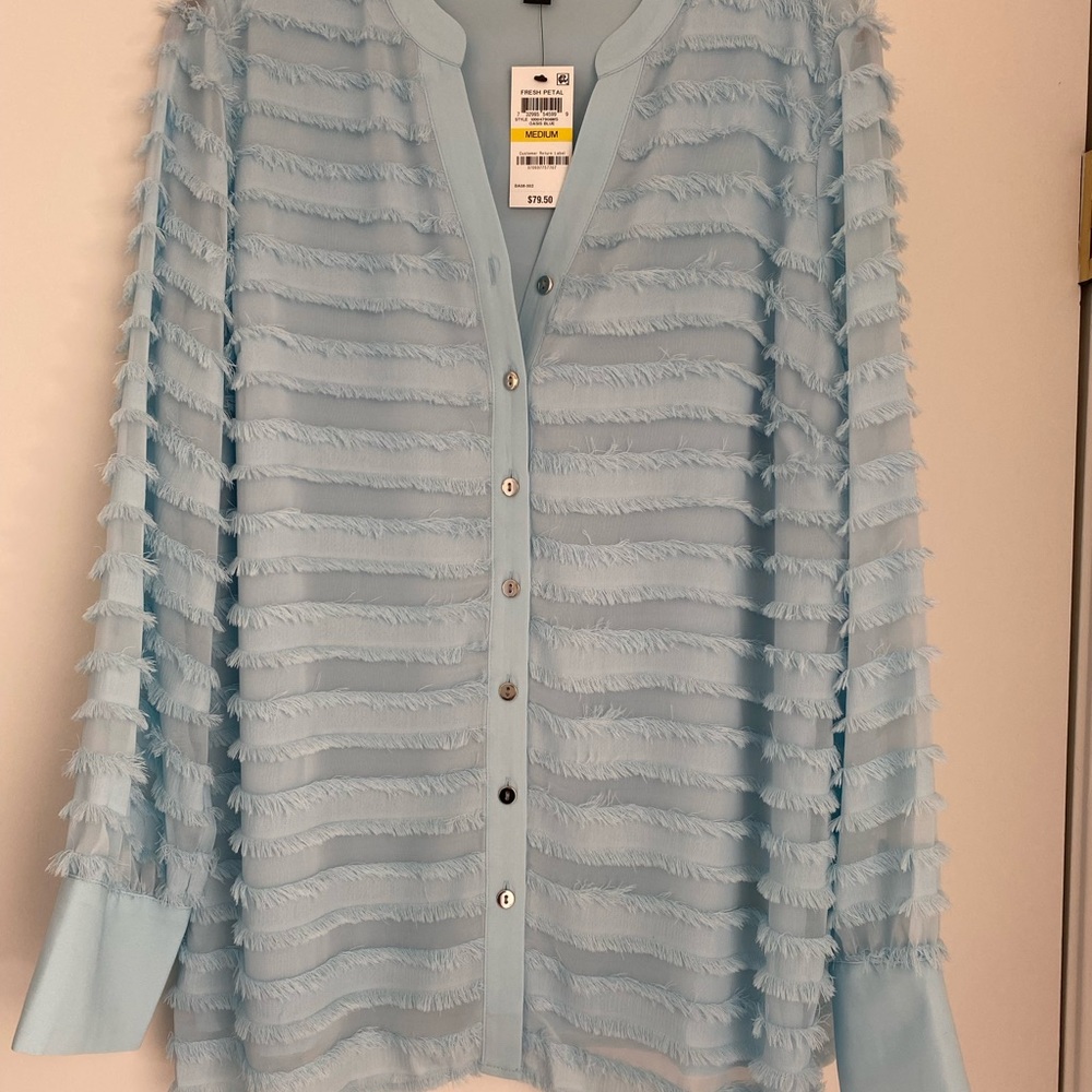 Alfani light blue long-sleeve blouse w/fringe Medium NEW w/Tags, Beautiful